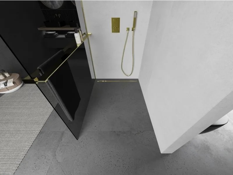 Mexen Kioto+ L, sprchová zástena Walk-In s poličkou a vešiakom 90 x 200 cm, 8mm šedé sklo, zlatý lesklý profil,800-090-123-50-40
