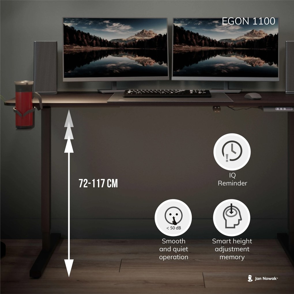 Výškovo nastaviteľný elektrický stôl EGON, 1100 x 720 x 600 mm, orech/ čierny