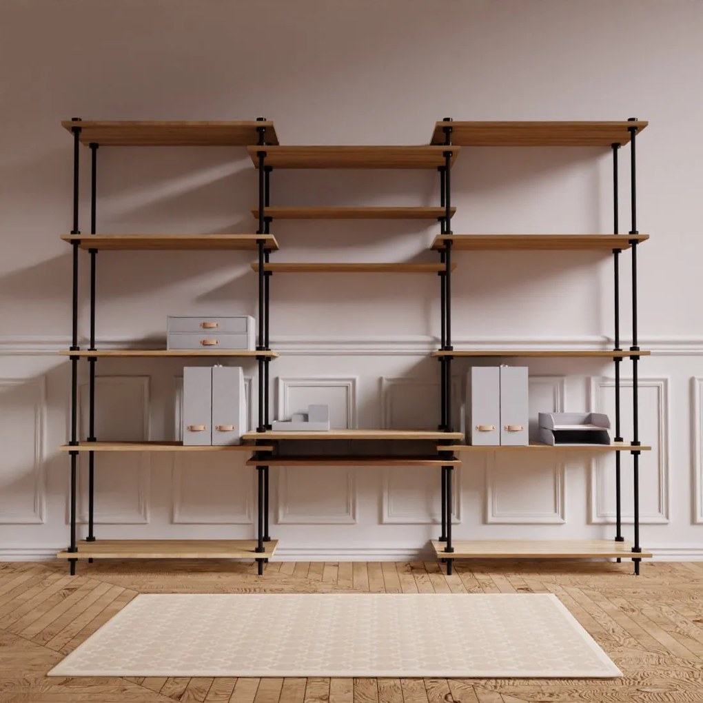 Regál s písacím stolom DECO s 15 policami a sivým príslušenstvom, 185x235x35/52,5 cm