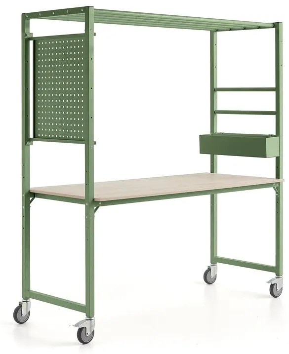 Mobilný stôl TEAMWORK, box na príslušenstvo, panel na náradie, zelená/jaseň