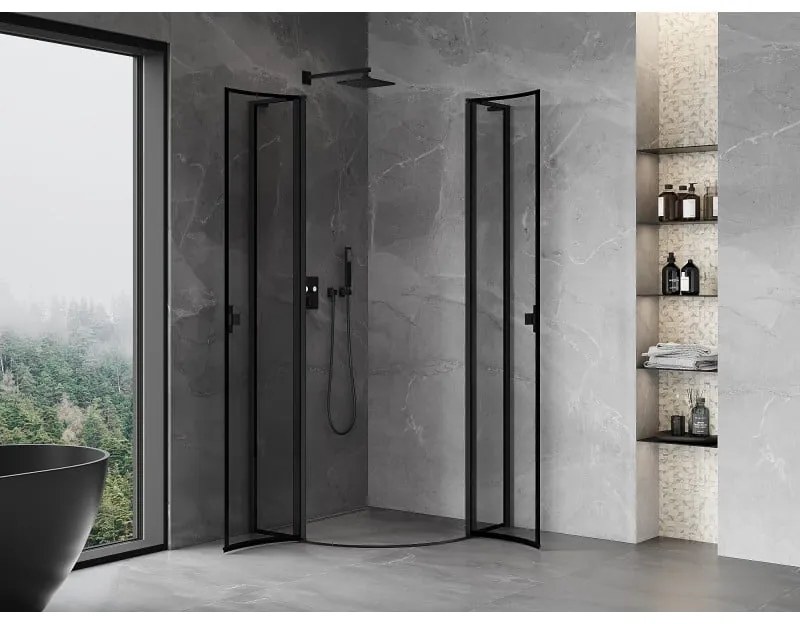 Mexen Mist L, štvrťkruhový sprchový kút s 2-krídlovými dverami, 80 x 80 cm, 8mm číre sklo, čierny profil, 8A32L-080-080-70-70