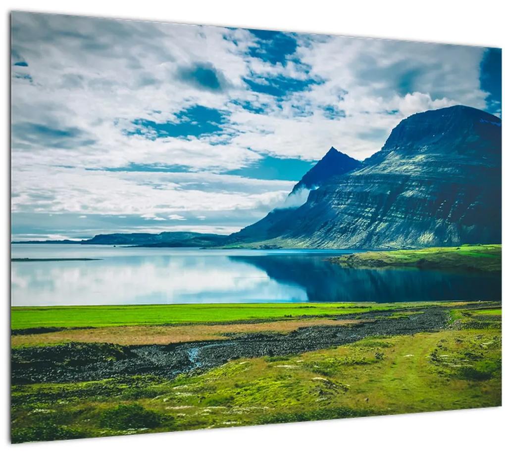 Sklenený obraz jazera s horami (70x50 cm)