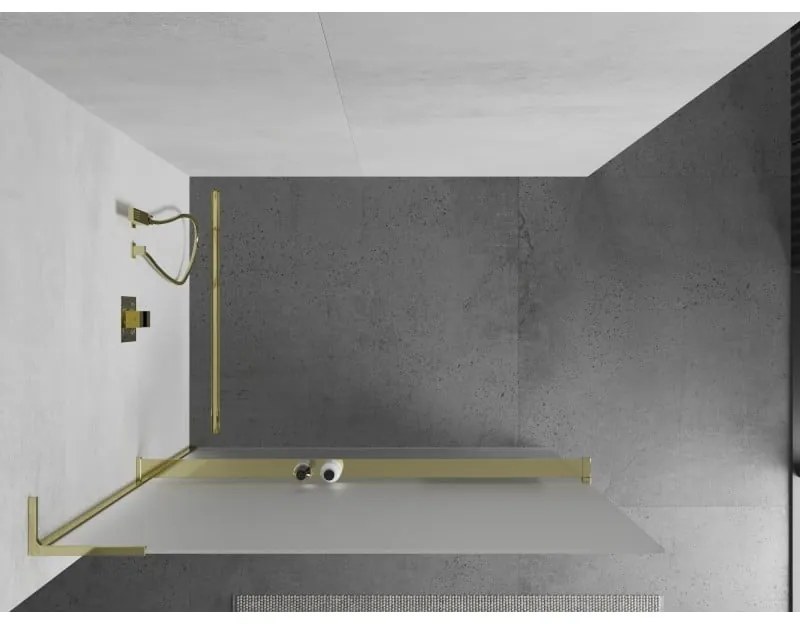 Mexen Kioto+ L, sprchová zástena Walk-In s poličkou a vešiakom 100 x 200 cm, 8mm sklo námraza, zlatý lesklý profil,800-100-123-50-30