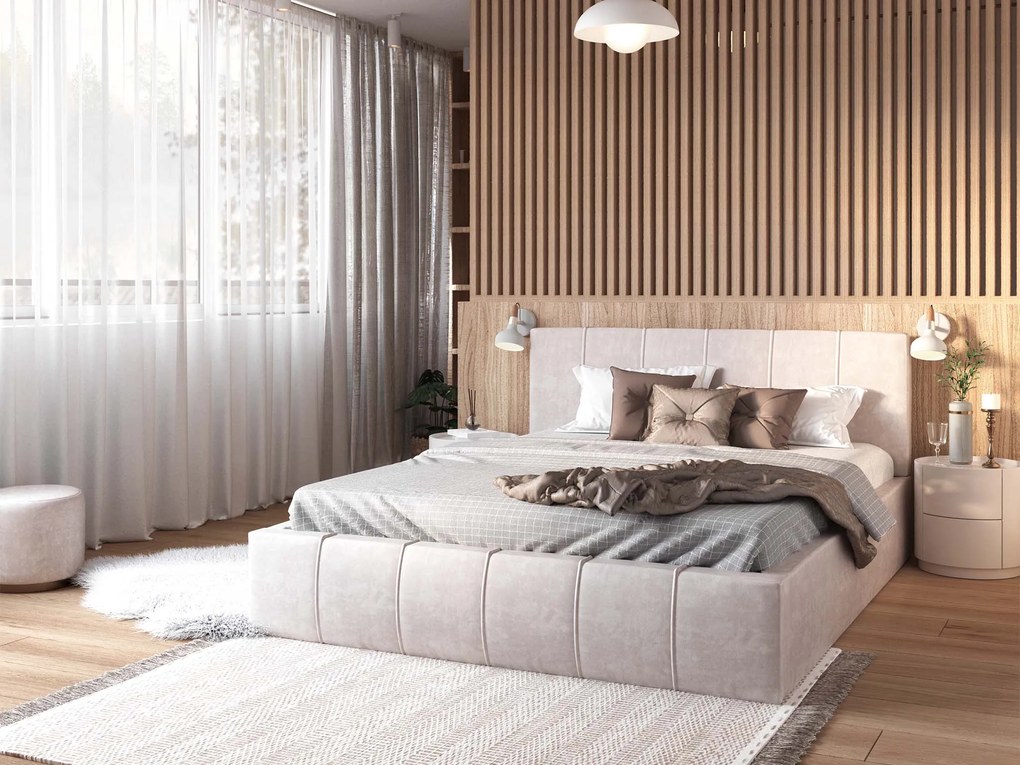 Čalúnená manželská posteľ s úložným priestorom Fiona 160x200 - krémová