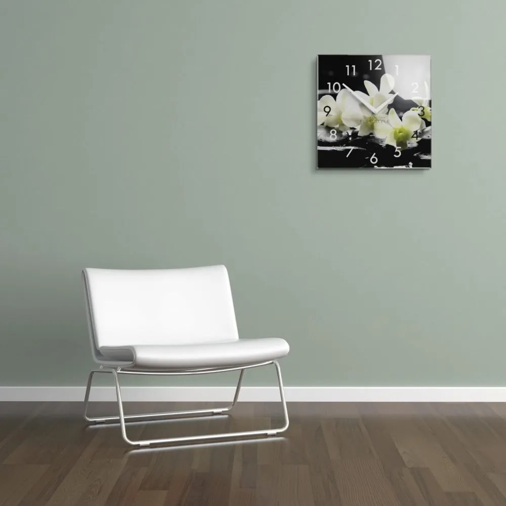 Dekoračné sklenené hodiny 30 cm s bielou orchideou