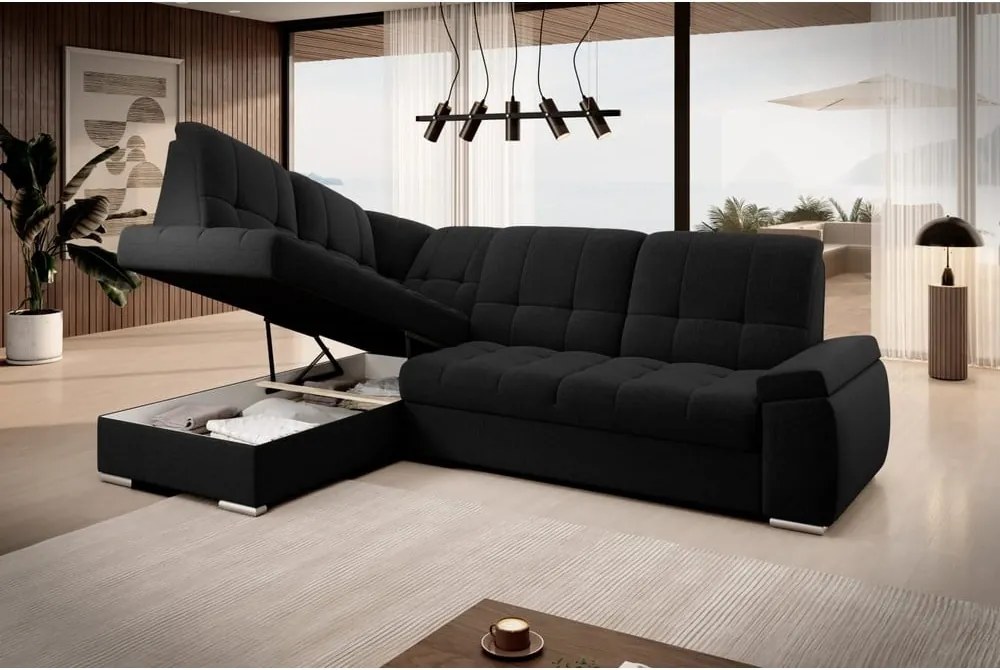 Čierna rozkladacia/s úložným priestorom rohová pohovka (ľavý roh/do L) Sado – ELTAP