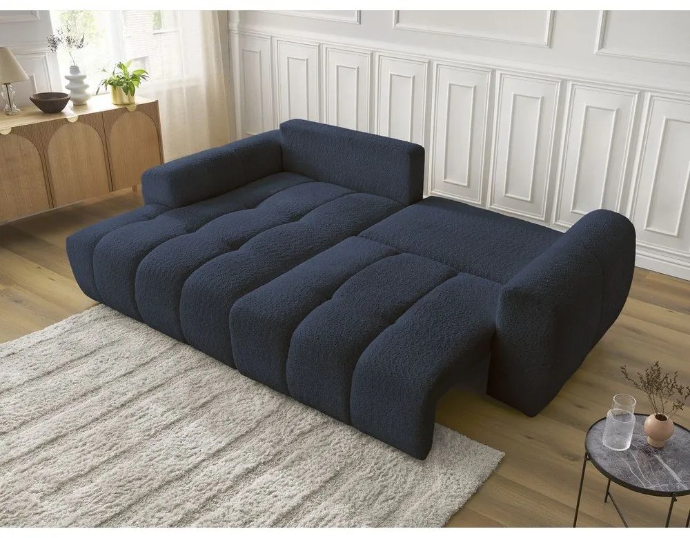 Modrá rozkladacia/s úložným priestorom rohová pohovka z textílie buklé (ľavý roh/s leňoškou) Roxelane – Bobochic Paris