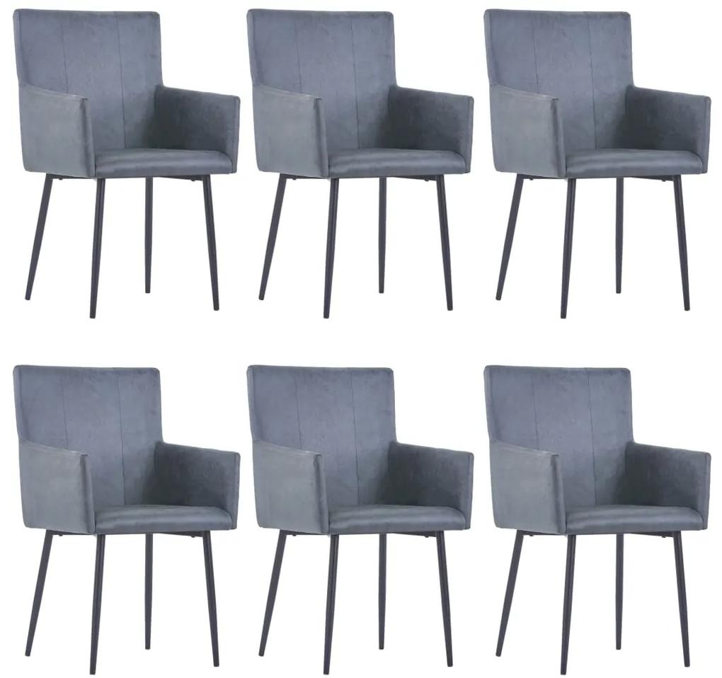 vidaXL Jedálenské stoličky s opierkami 6 ks, sivé, umelý semiš