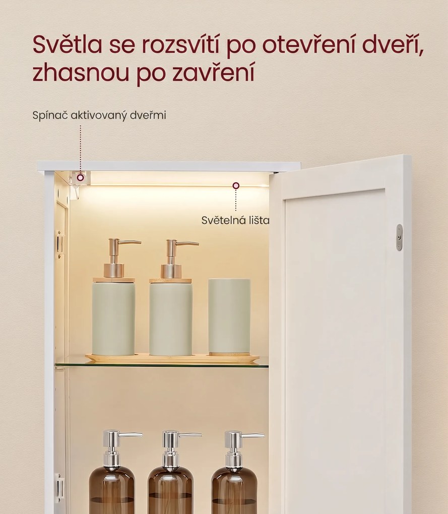 Vysoká koupelnová skříňka s LED osvětlením Vasagle Asmi 40 cm bílá