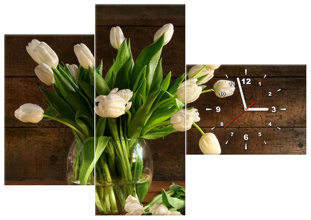 Gario Obraz s hodinami Očarujúce biele tulipány - 3 dielny Rozmery: 80 x 40 cm