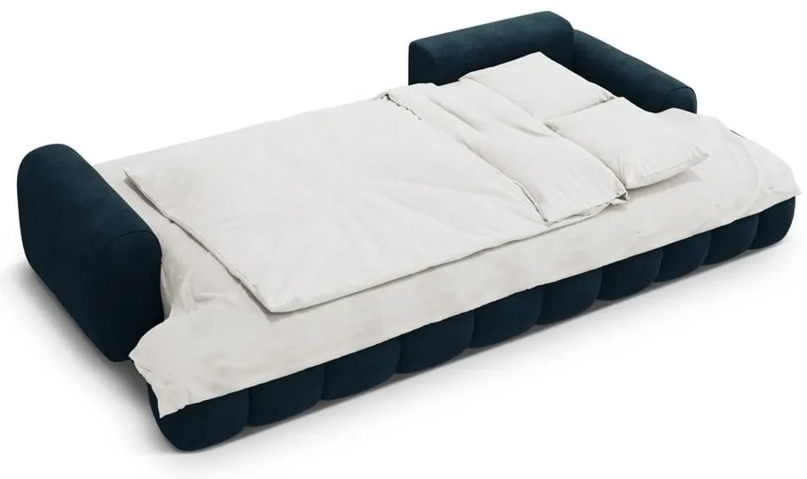 Zamatová rozkladacia/s úložným priestorom rohová pohovka v petrolejovej farbe (pravý roh/s leňoškou) Linz – Cosmopolitan Design