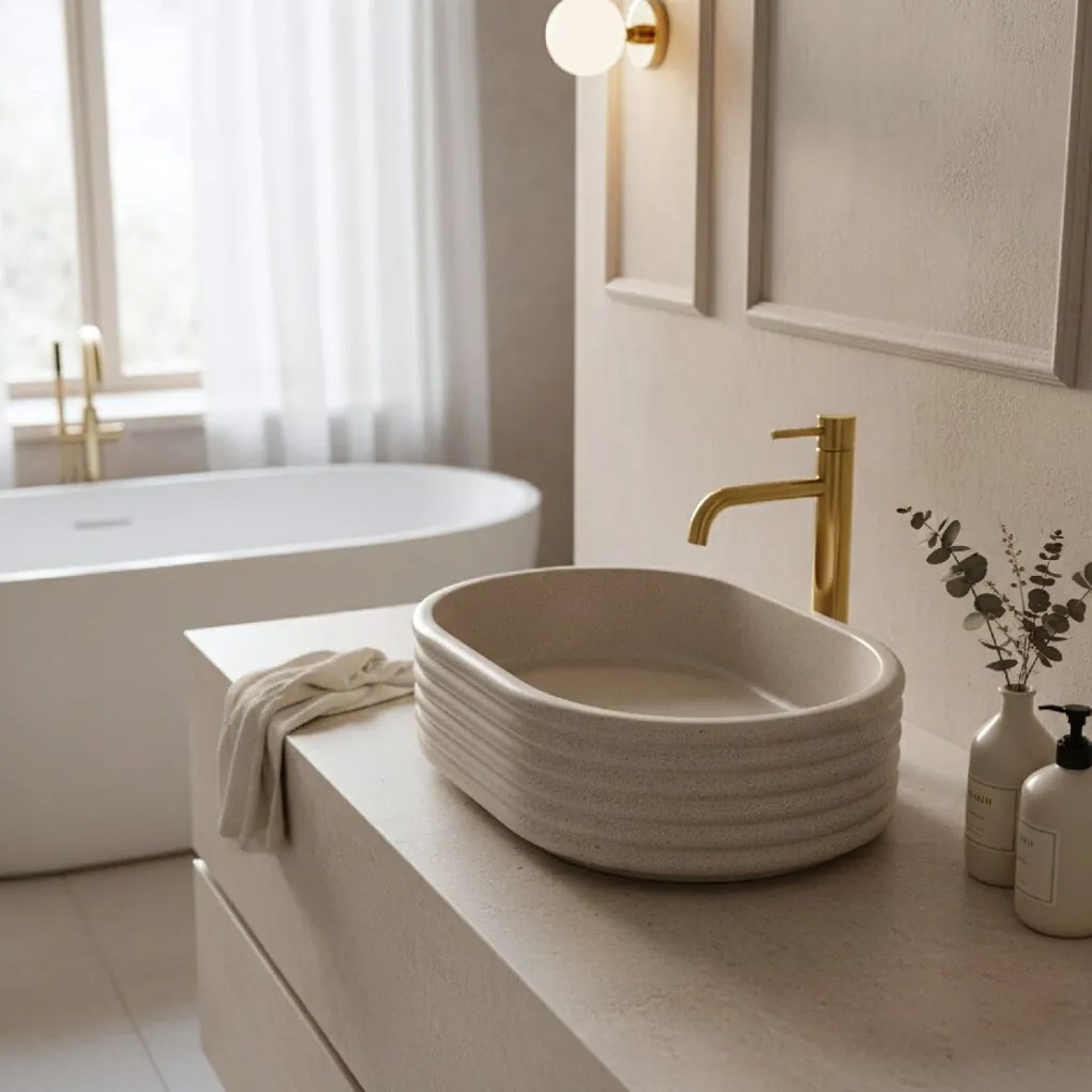 Rea Nicoletta, umývadlo na dosku 500x360x140 mm, béžová-imitácia kameňa, REA-U7346