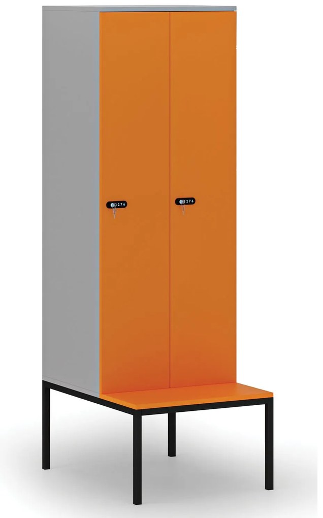 Drevená šatníková skrinka S4 s lavičkou, 2 oddiely, 1871 x 600 x 500/800 mm, demont, mechanický kódový zámok, sivá/oranžová