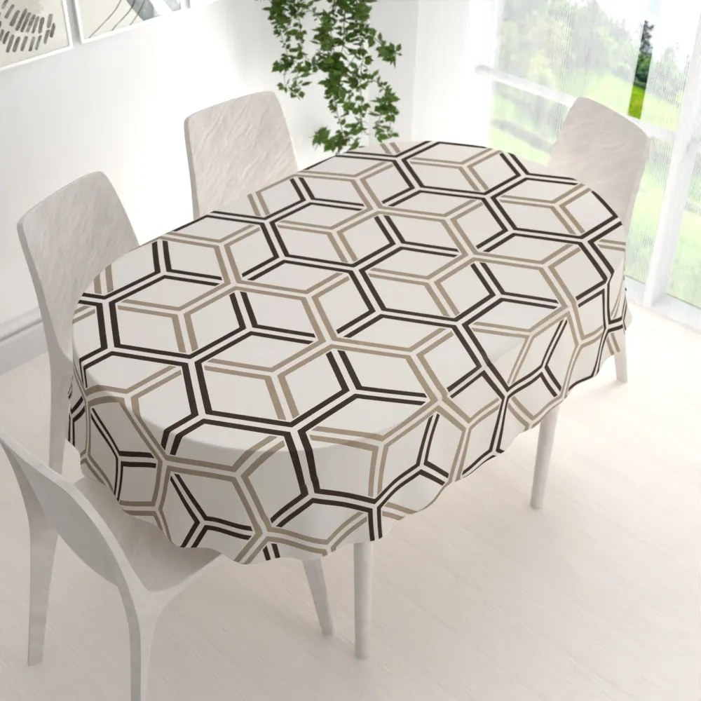 Biante Bavlnený oválny obrus Sandra SA-558 Hnedé hexagóny na krémovom 120x140 cm