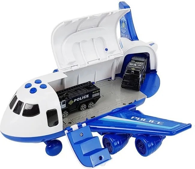 LEAN Toys Skladacie policajné lietadlo s autami 1:64 so svetlom a zvukom