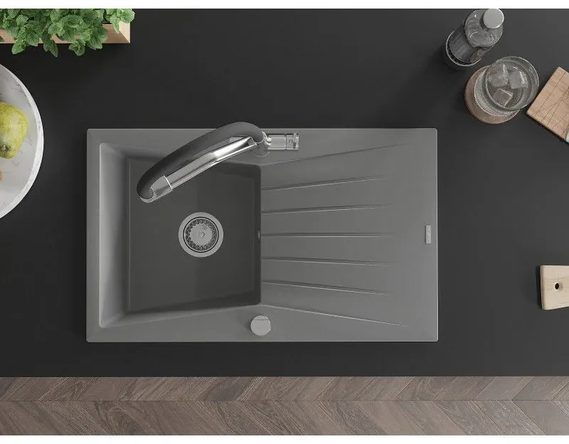 Mexen Cesar, 1-komorový granitový drez 775x470x190 mm a drezová batéria Duo, šedá, 6514-71-671701-07