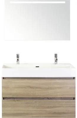 Kúpeľňový nábytkový set Maxx XL 100 cm s keramickým umývadlom 2 otvormi na kohúty a zrkadlom s LED osvetlením dub sivý
