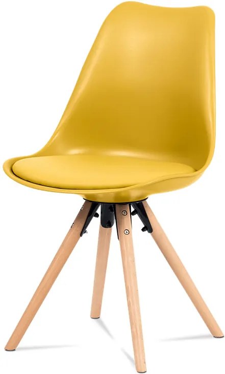 Štýlová stolička, žltý plast + ekokoža, nohy masív buk + rám čierny kov