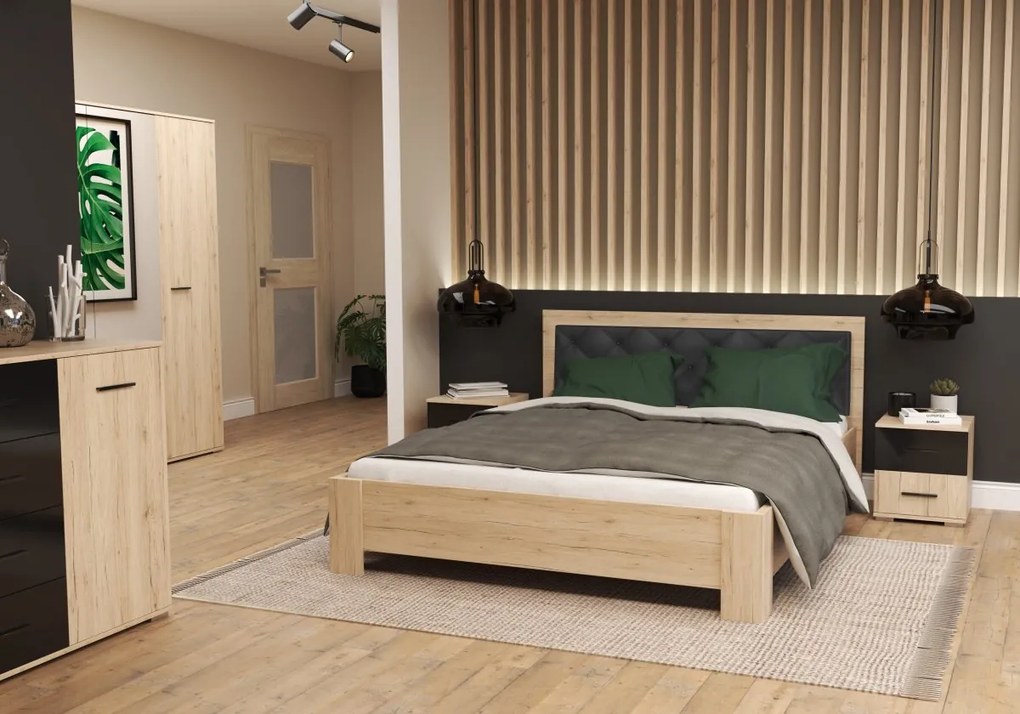 Posteľ BARI 160x200 dub san remo/čierna eko kůže