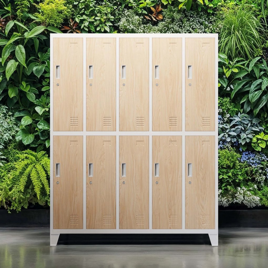 Kovová šatňová boxová skriňa na nôžkach s 10 boxami BARTEK, 1360 x 1720 x 450 mm, Eco Design: biela/ dub sonoma
