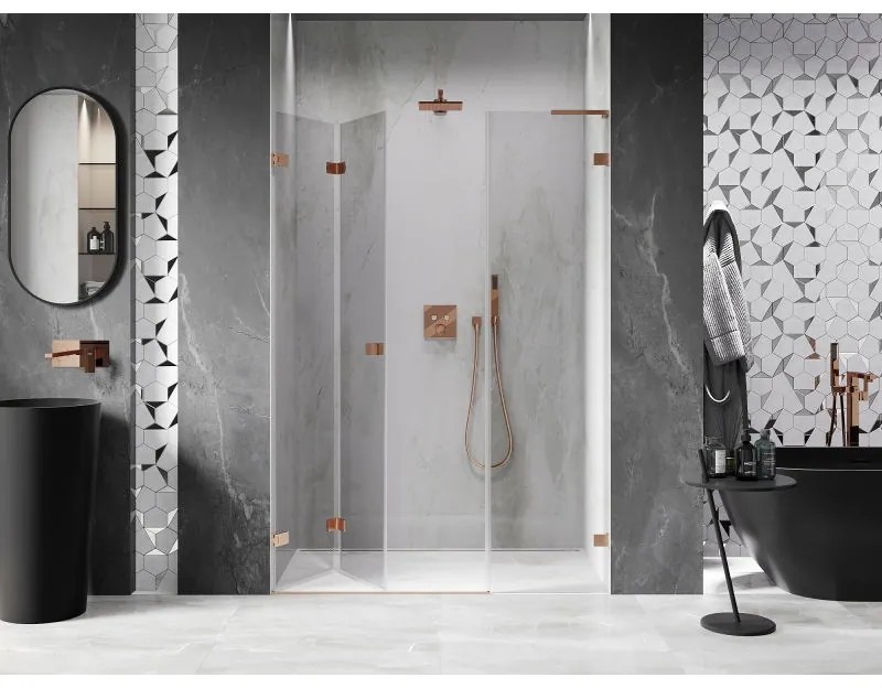 Mexen Lunar-F, L skladacie ľavé sprchové dvere 115 cm, 8mm číre sklo, medený matný profil, 836SL-115-050-65-00-L