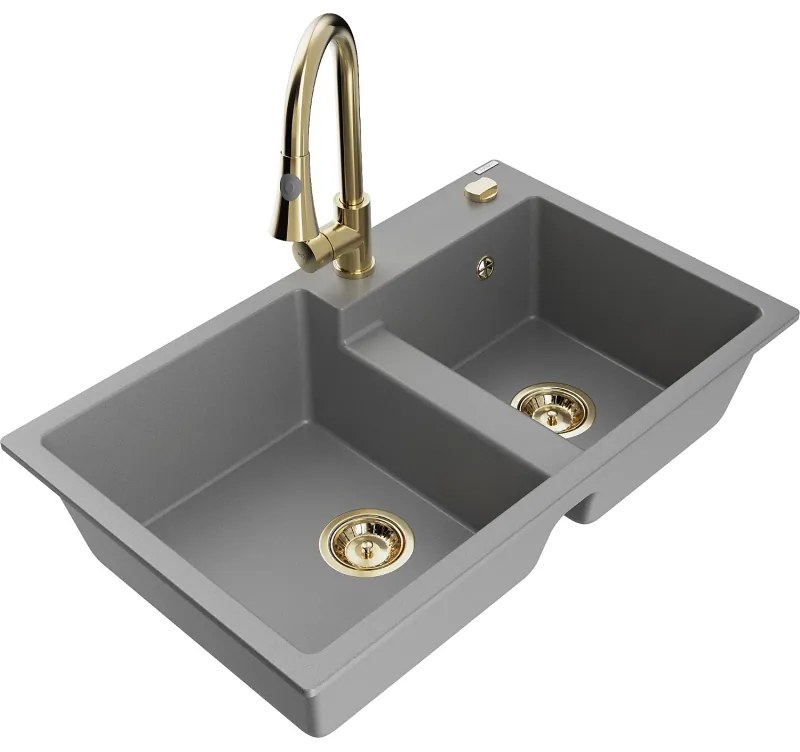 Mexen Tomas, 2-komorový granitový drez 800x500x190 mm a drezová batéria Elia, šedá, 6516-71-670101-50