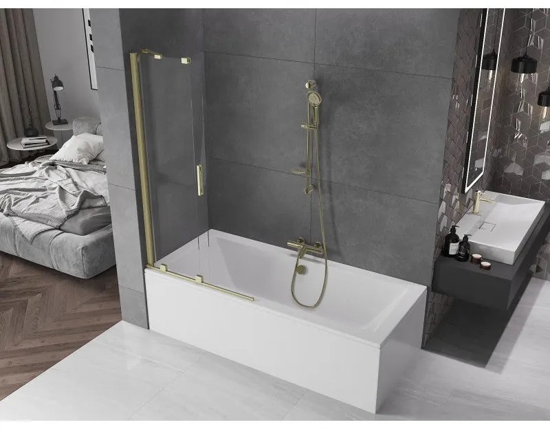 Mexen Velar, 2-krídlová posuvná vaňová zástena 95 x 150 cm, 8mm číre sklo, zlatý matný profil, 896-095-000-01-55