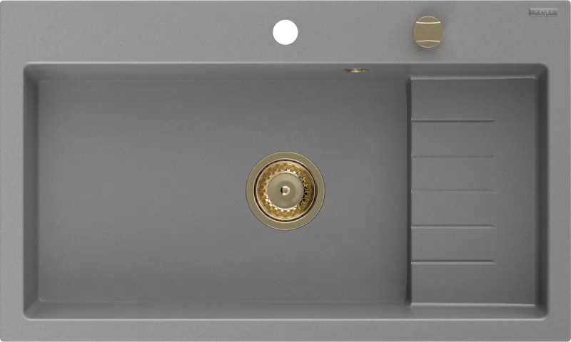 Mexen Omar granitový kuchynský drez, 1-komorový 800 x 480 mm, sivý, sifón zlatý - 6520801005-71-G