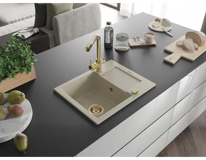 Mexen Enzo, granitový drez 576x465x174 mm, 1-komorový, zlatá lesklá batéria Duero, béžová, 6506-69-671600-50