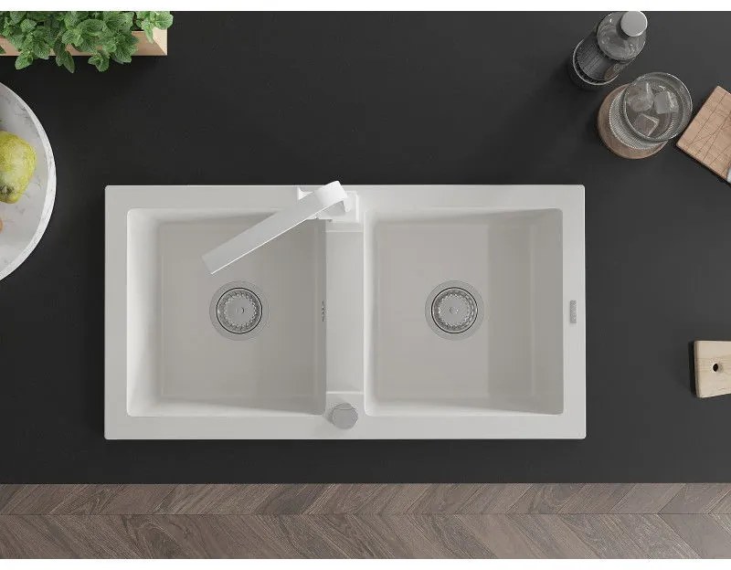 Mexen Mario, granitový drez 820x436x161 mm, 2-komorový, biela s chrómovým sifónom a biela drezová batéria Rita, 6504-20-670300-20