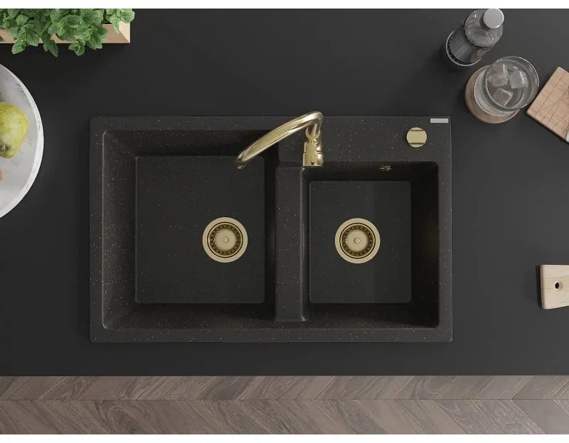 Mexen Tomas, granitový drez 800x500x190 mm, 2-komorový, čierna-zlatá metalíza so zlatým sifónom, 6516802000-75-G