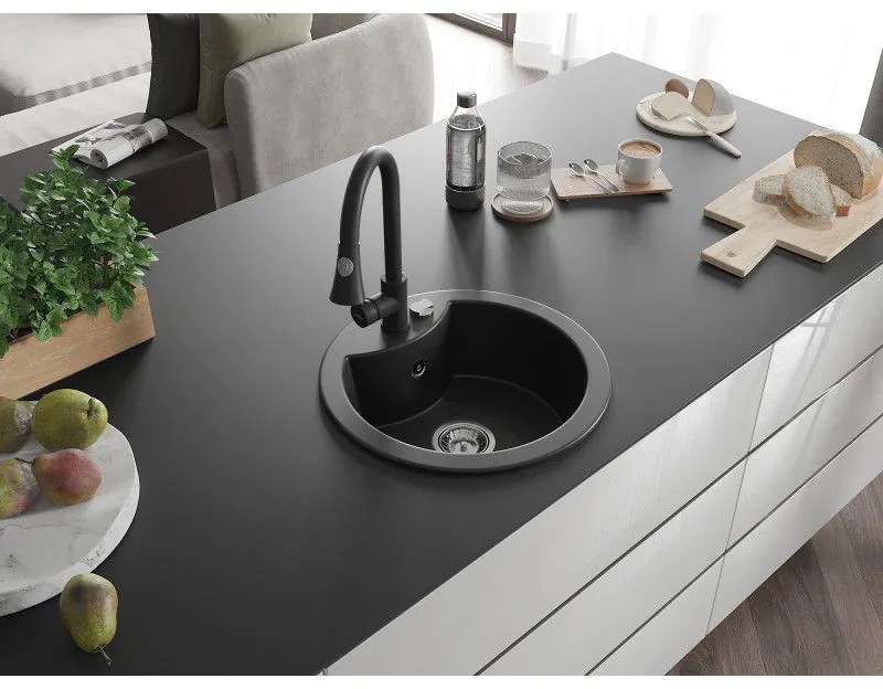 Mexen Diego, 1-komorový granitový drez 488x488x167 mm a drezová batéria Elia, čierna, 6512-77-670101-70