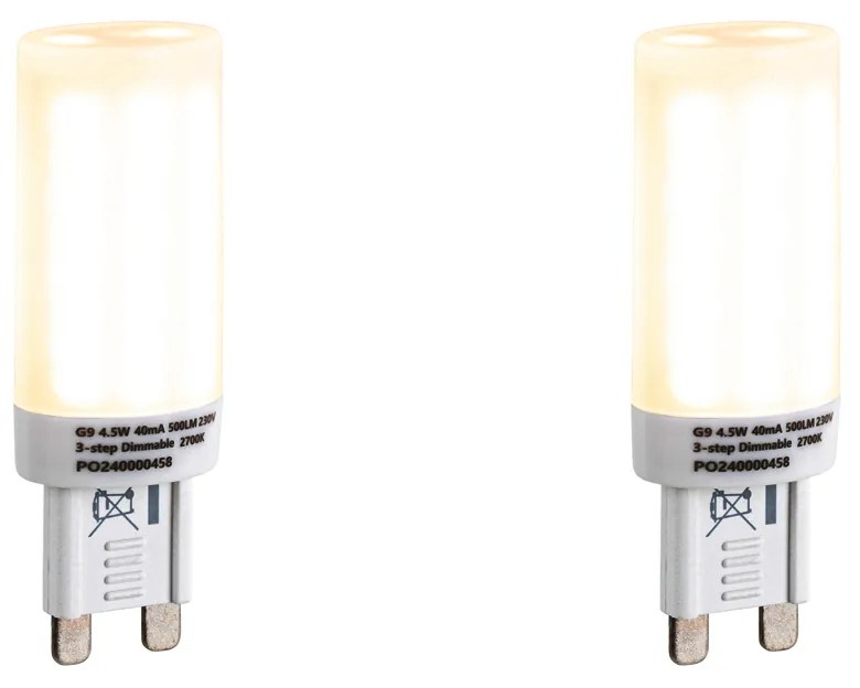 Sada 2ks stmievateľných LED žiaroviek G9 s 3-stupňovým stmievaním, opál, 4,5W, 500lm, 2700K