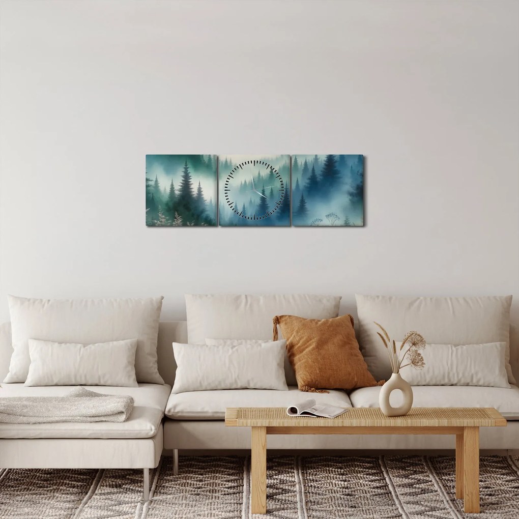Obraz - Lesná krajina s hmlou (s hodinami) (90x30 cm)