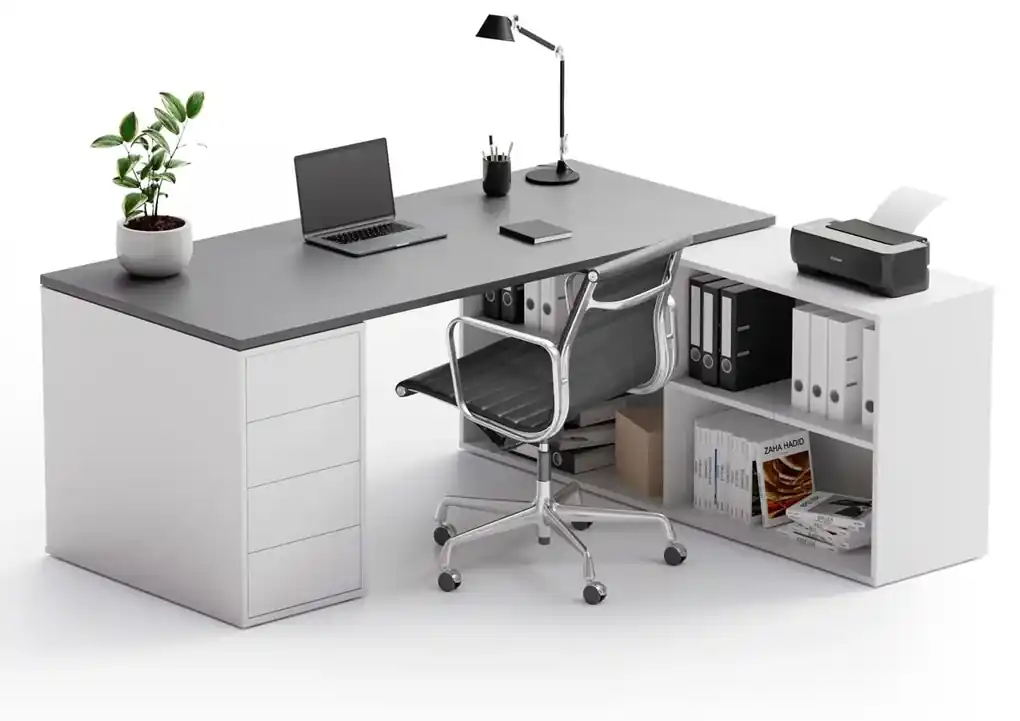 PLAN Kancelársky písací stôl s úložným priestorom BLOCK B04, biela/dub  prírodný | BIANO