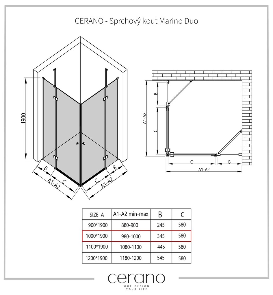 Cerano Marino Duo, sprchovací kút 100(dvere) x 100(dvere), 6mm číre sklo, chrómový profil, CER-CER-422913