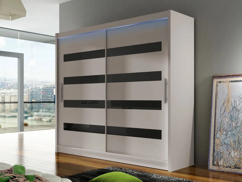 Skriňa London XI, Farby: kašmír /kašmír + čierny lacobel, Osvetlenie: osvetlenie LED RGB - farebné