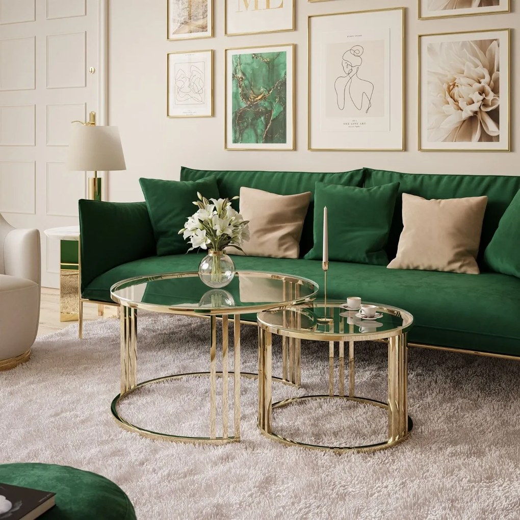 OKRÚHLY KONFERENČNÝ STOLÍK 2v1 LEONARDO 2 GLOSS CHROME SKLO + ZLATÝ