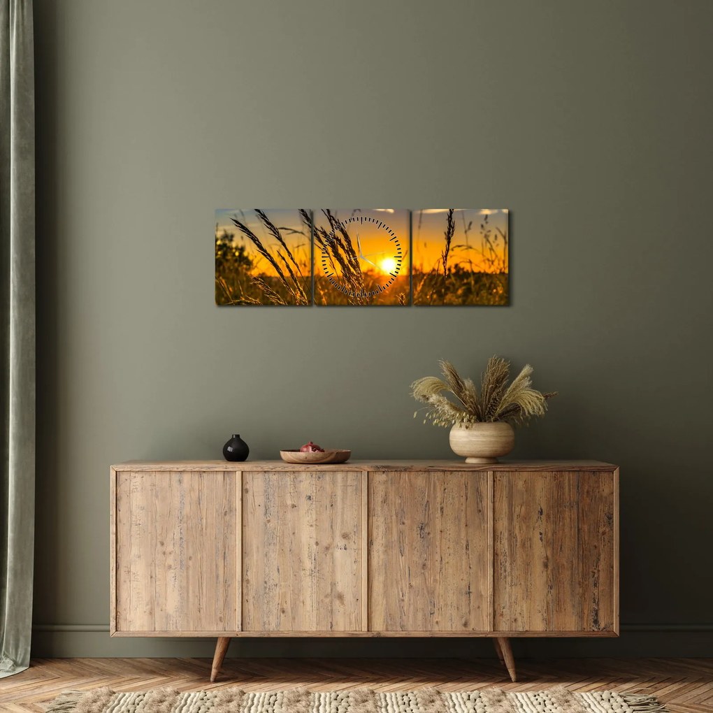 Obraz pole pri západe slnka (s hodinami) (90x30 cm)