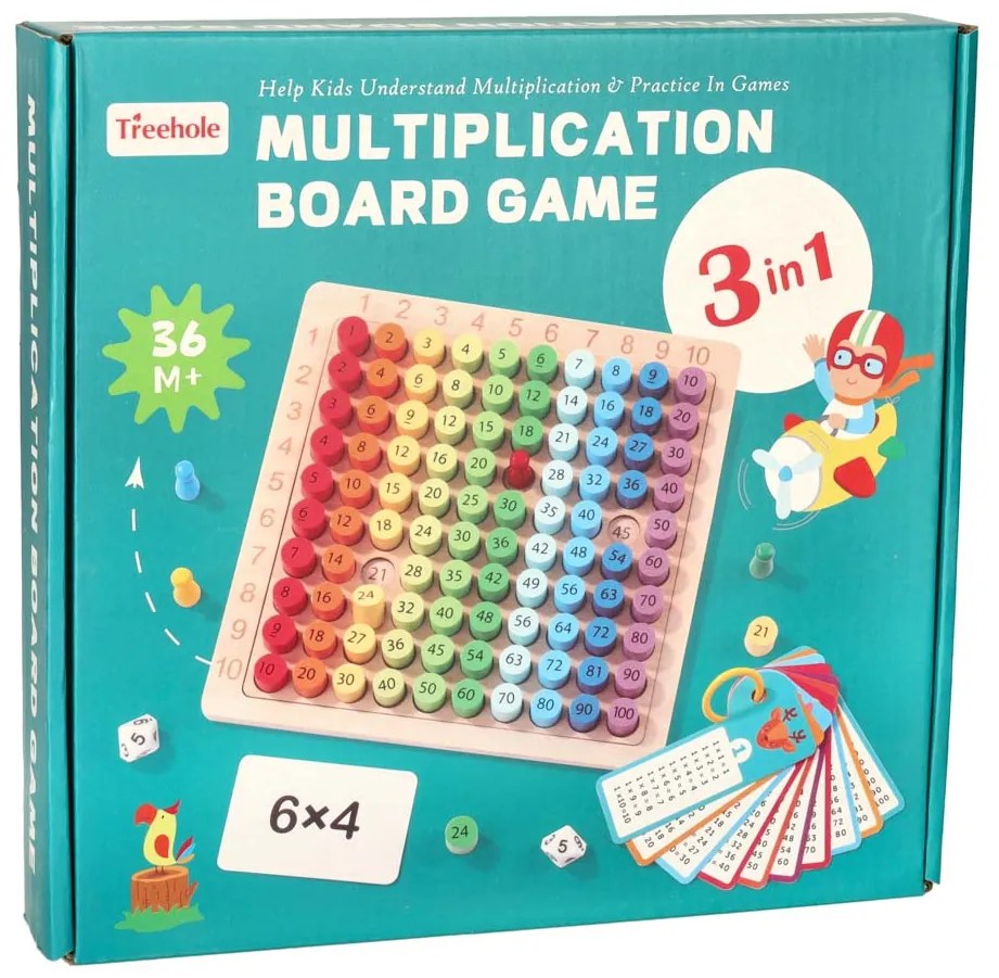 KIK Drevená vzdelávacia tabuľka násobenia – farebné krúžky, 100 dielov, 3+