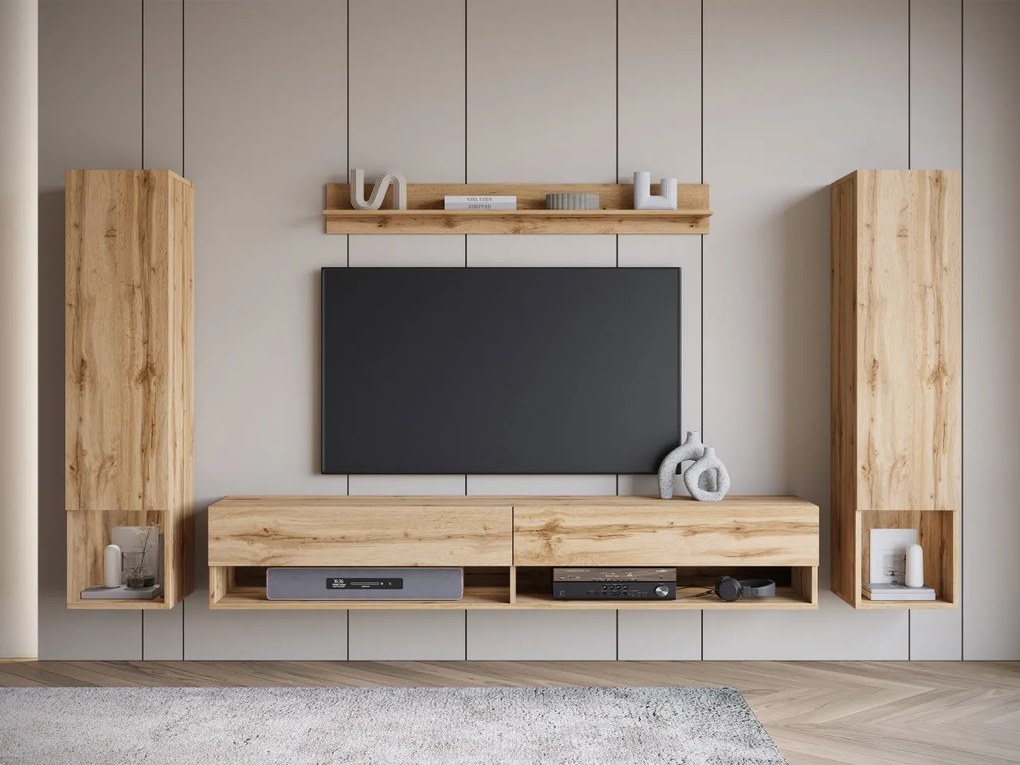 Obývacia stena Wikez II, Farby: dub artisan, Osvetlenie: osvetlenie LED biele