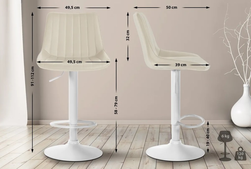 2x Barová stolička Toni - koženka, biely rám - Krémová