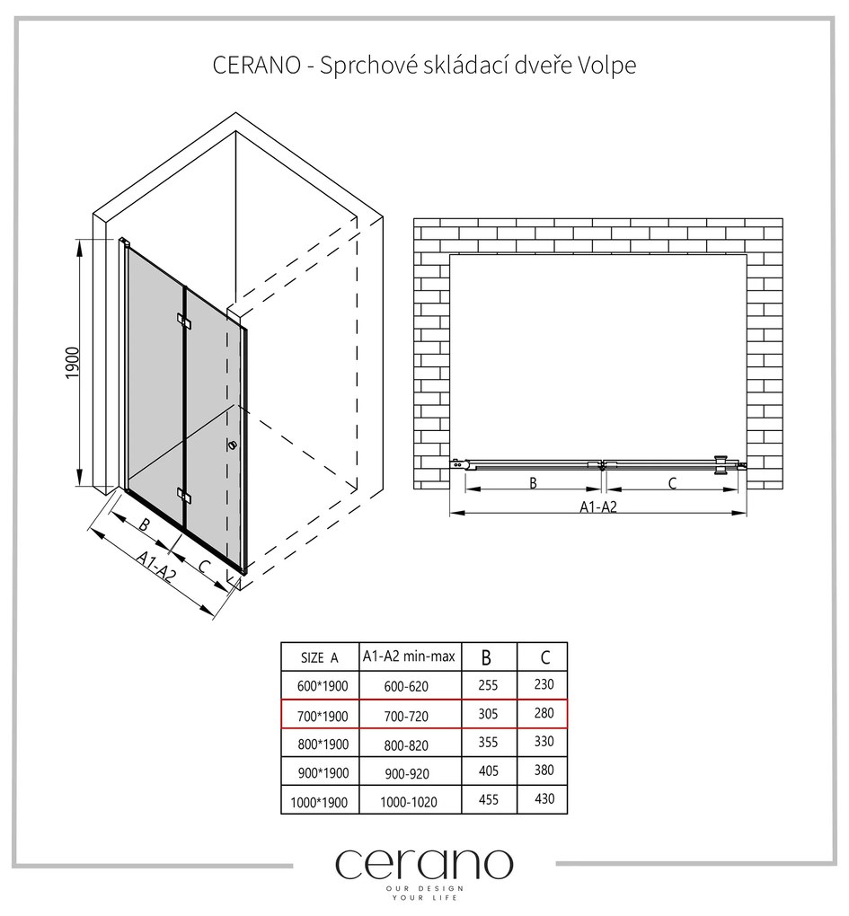 Cerano Volpe, skladacie sprchové dvere 70x190 cm, 6mm číre sklo, čierny profil, CER-CER-423325