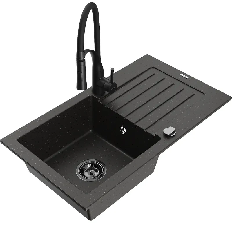 Mexen Pablo, 1-komorový granitový drez 752x436x161 mm a drezová batéria Aster, čierna-zlatá metalíza, 6510-75-73450-70-B