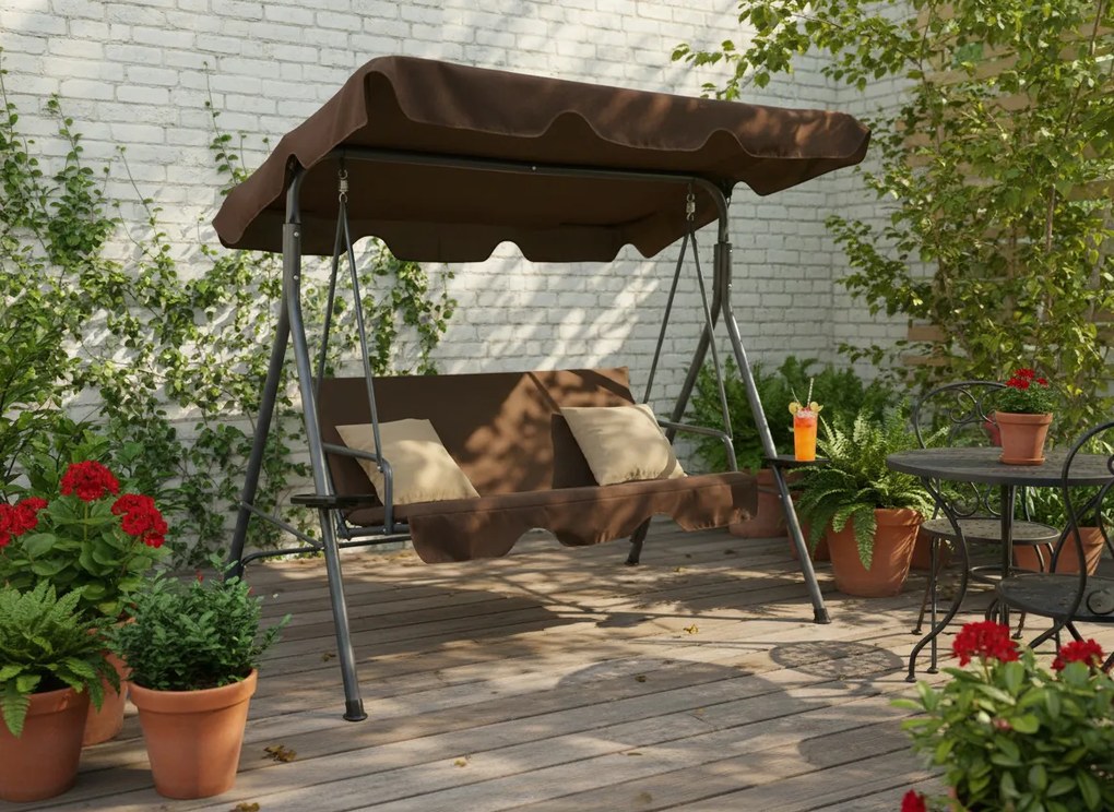 CH ZÁHRADNÁ HOJDAČKA TYPU A 170 x 118 x 153 cm HNEDÁ S BEŽOVÝMI VANKÚŠIKMI A DRŽIAKMI NA POHÁRE