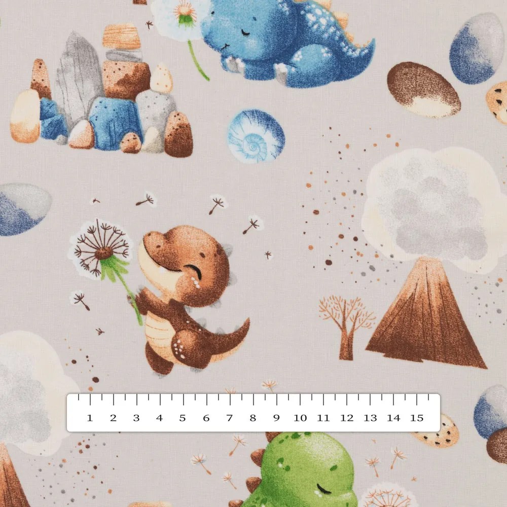 Detská bavlnená látka/plátno Sandra SA-656 Modro-zeleno-hnedé dinosaury na svetlo sivom - šírka 160 cm
