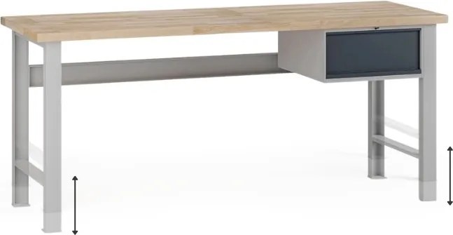 Výškovo nastaviteľný dielenský stôl G7, buková škárovka, 2000 x 800 x 840-1040 mm, 1x kontajner, 1 zásuvka, grafit