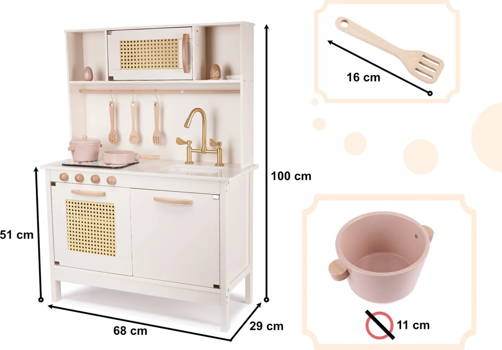 KIK Detská drevená retro kuchynka MDF biela s doplnkami, svetlom a zvukom BOHO