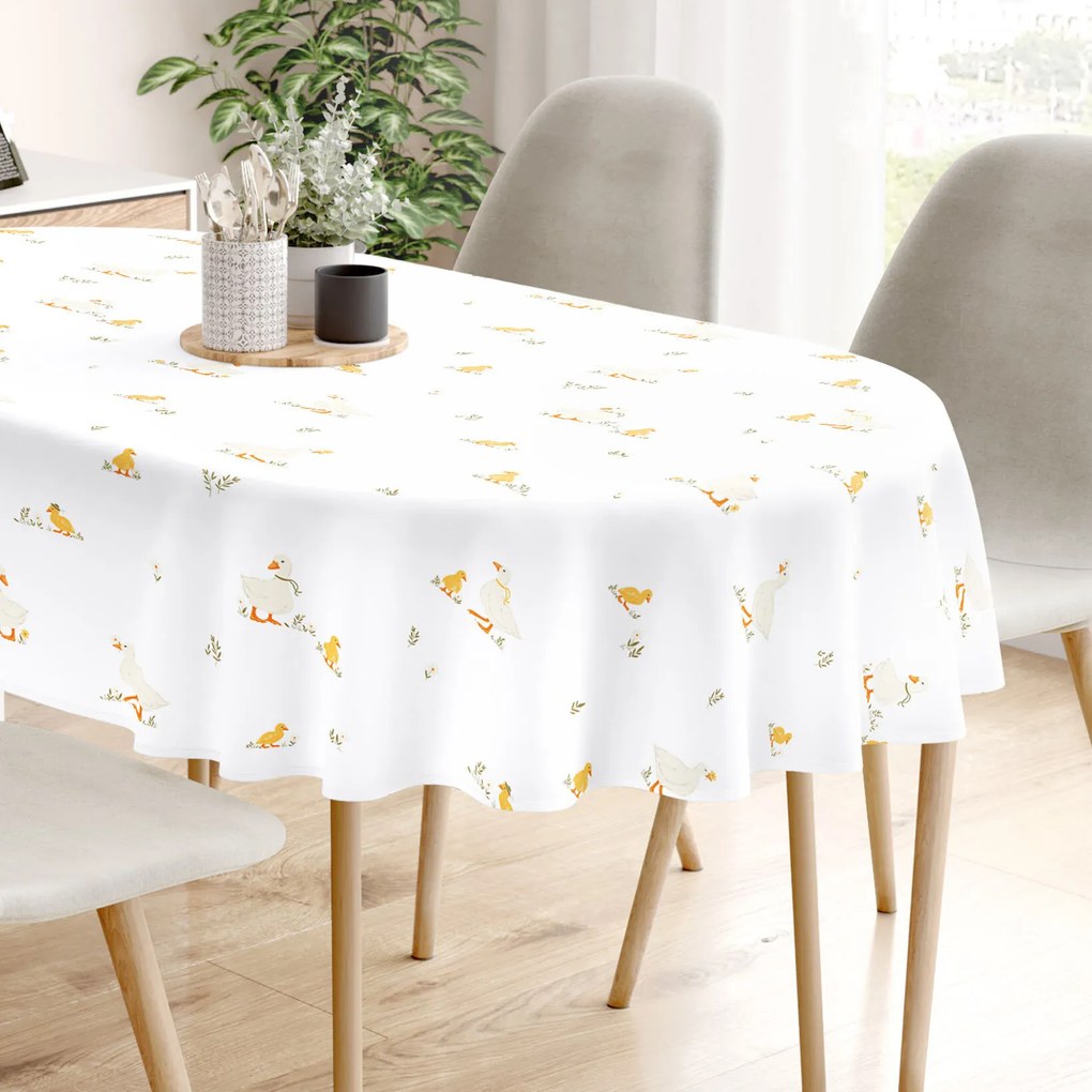 Goldea veľkonočný oválny obrus 100% bavlnené plátno - kačice 120 x 200 cm