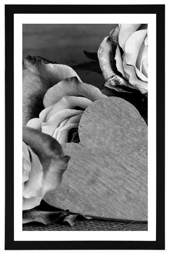 Plagát s paspartou valentínske ruže v čiernobielom prevedení - 30x45 white